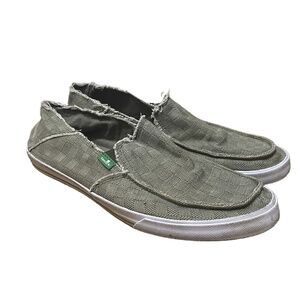 Sanuk Men's 9 Tan Green SlipOn Shoe Canvas Frayed Edges Patterned Coastal Casual